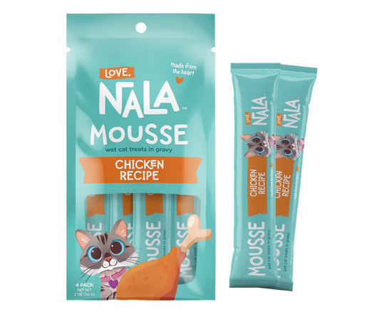 Assorted Love, Nala products group shot featuring chicken cat treats