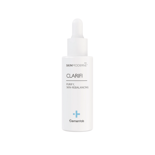 White dropper bottle of Clarifi | Skin Moderne skincare serum with minimalist label highlighting purify and skin-rebalancing benefits, designed for skincare routines.