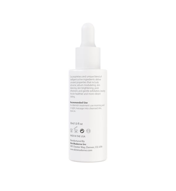 White dropper bottle of Clarifi | Skin Moderne skincare product with detailed ingredient and usage information on the label, promoting skin brightening and exfoliation benefits.
