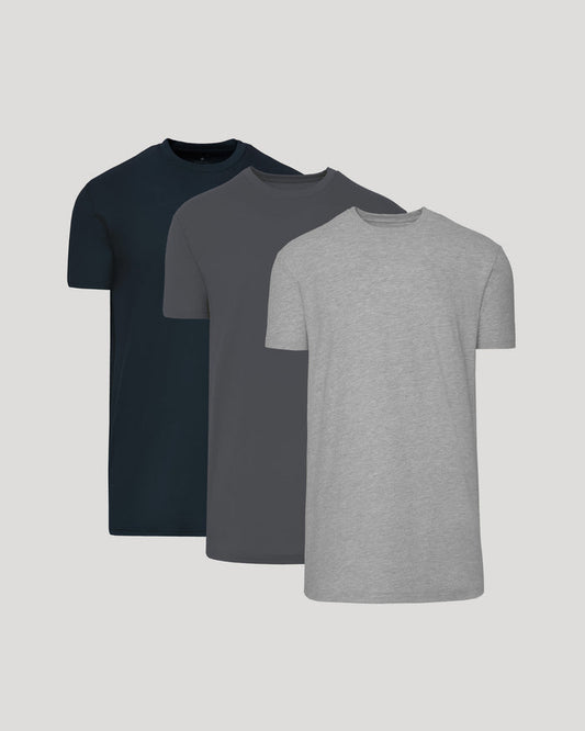 Classic Tall Straight Hem Crew Neck T-Shirt 3-Pack featuring men's basics in navy, charcoal, and light gray colors with a clean, timeless design.