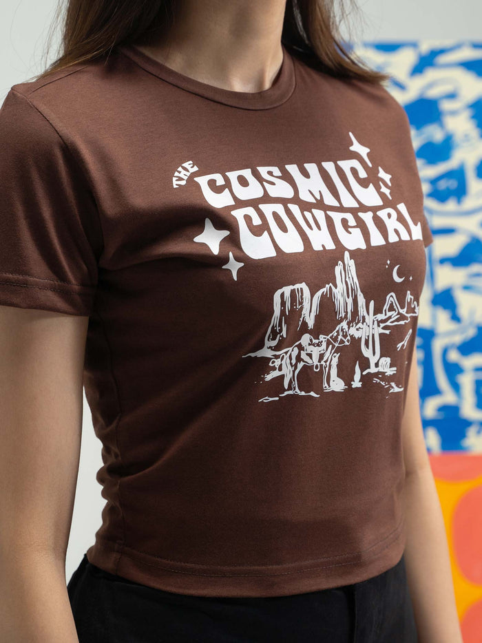 Y2K Brown Baby Tee Female Model Front View – Cosmic Cowgirl – GROOVY Pakistan