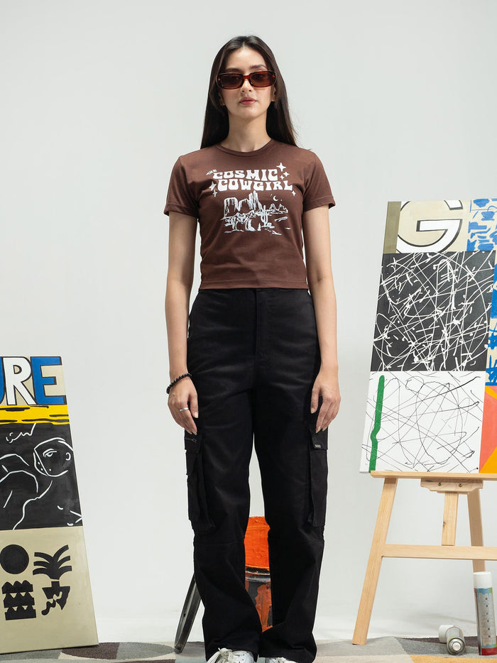 Y2K Brown Baby Tee Flat Lay Graphic Print – Cosmic Cowgirl – GROOVY Pakistan