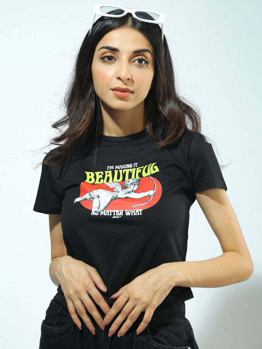 Black Baby Tee Female Model Front View – Cupid Lovestruck – GROOVY Pakistan