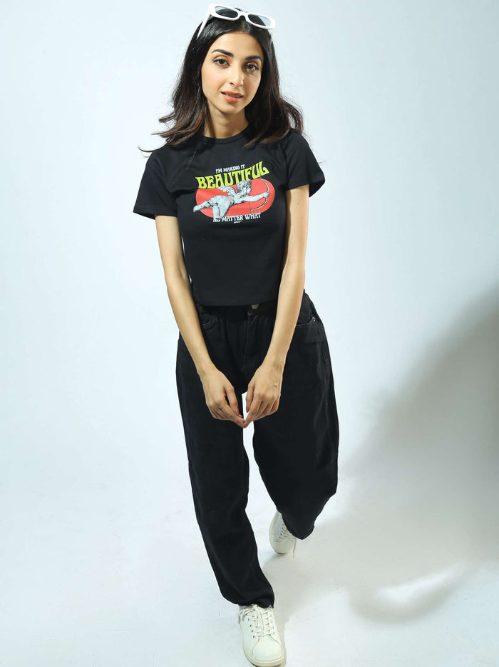 Black Cropped Baby Tee Female Model Side – Cupid Lovestruck – GROOVY Pakistan