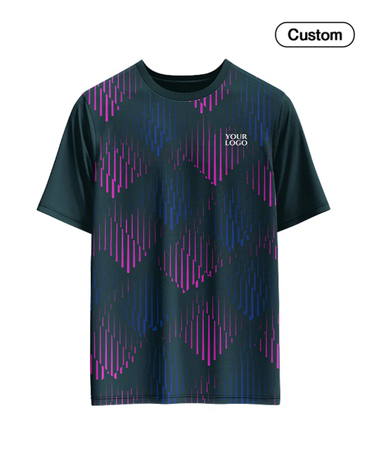 T-shirt with purple and blue geometric pattern on a white background