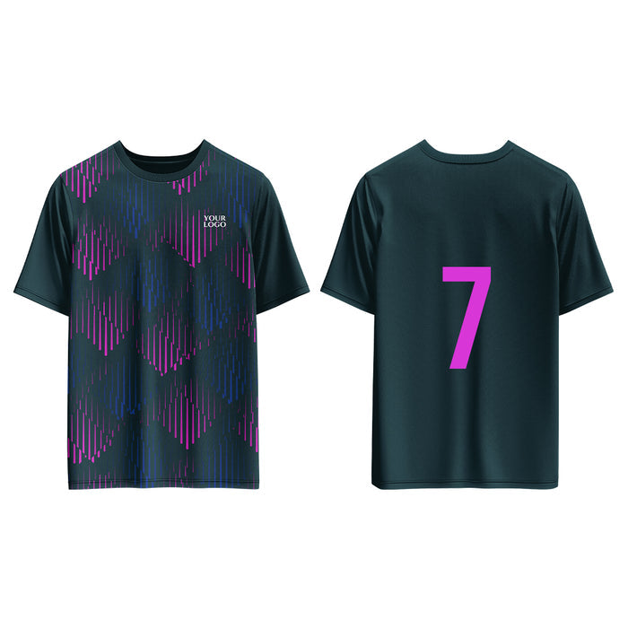 T-shirt with purple geometric pattern on front and number 7 on back