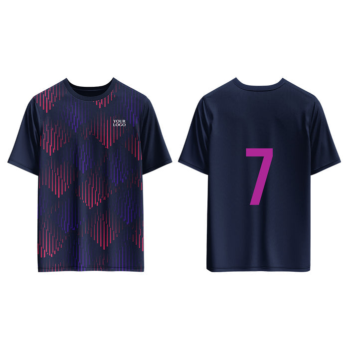 T-shirt with pink geometric pattern on front and number 7 on back, on a white background