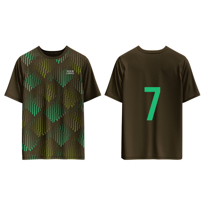 T-shirt with green and yellow pattern on front and number 7 on back, on a white background