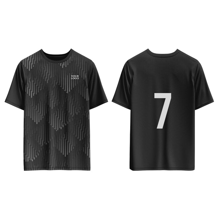 T-shirt with geometric pattern on front and number 7 on back, on a white background