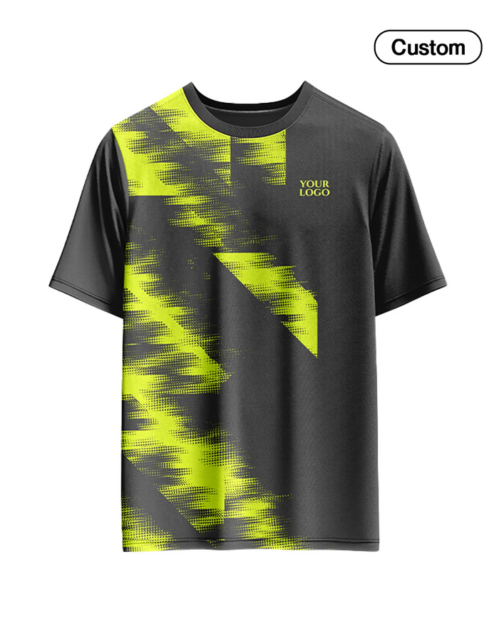 Black t-shirt with yellow geometric pattern and 'Your Logo' text on a white background