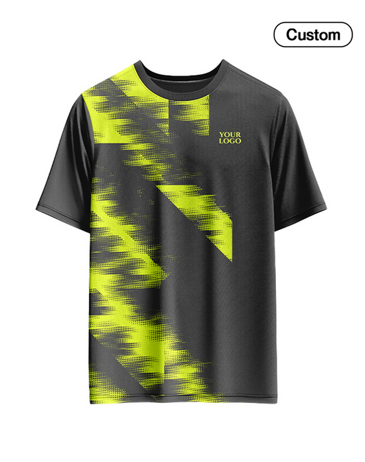 Black t-shirt with yellow geometric pattern and 'Your Logo' text on a white background