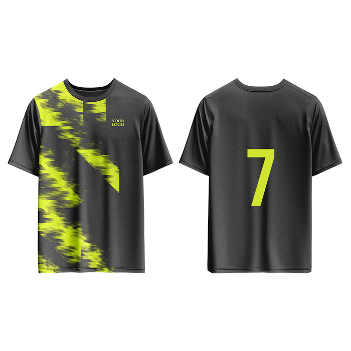 Black t-shirt with yellow lightning bolt design on front and number 7 on back