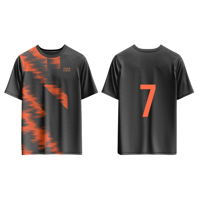 Black t-shirt with orange design and number 7 on a white background