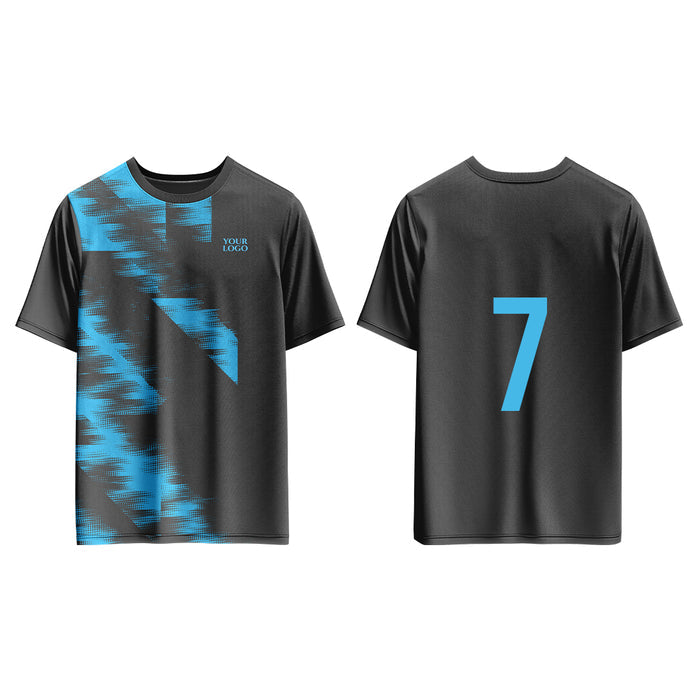 Black t-shirt with blue abstract design on front and number 7 on back, customizable with 'YOUR LOGO'.