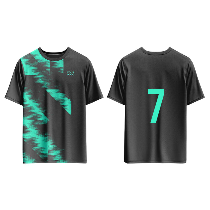 Black t-shirt with Teal abstract design on front and number 7 on back