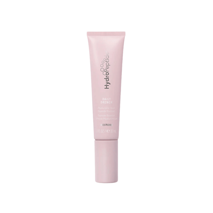 Tube of Daily Drench | HydroPeptide skincare product in soft pink packaging designed for hydrating and restoring skin with hyaluronic acid.