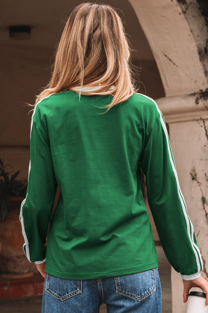Dark Brown Varsity Striped Accent Contrast Crew Neck Long Sleeve T Shirt