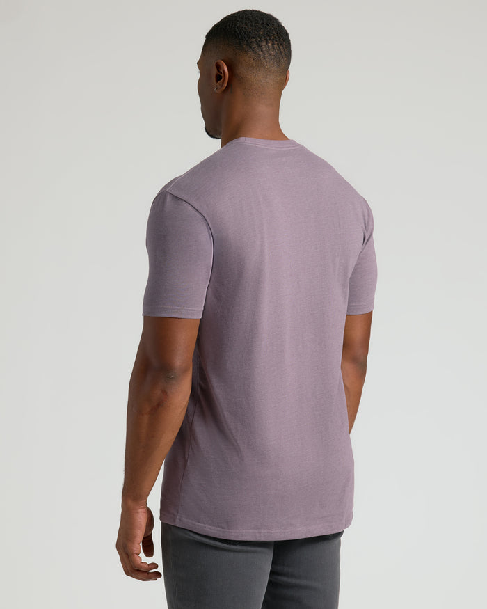 Model in Dark Heather Amethyst Tall Straight Hem Crew Neck T-Shirt.