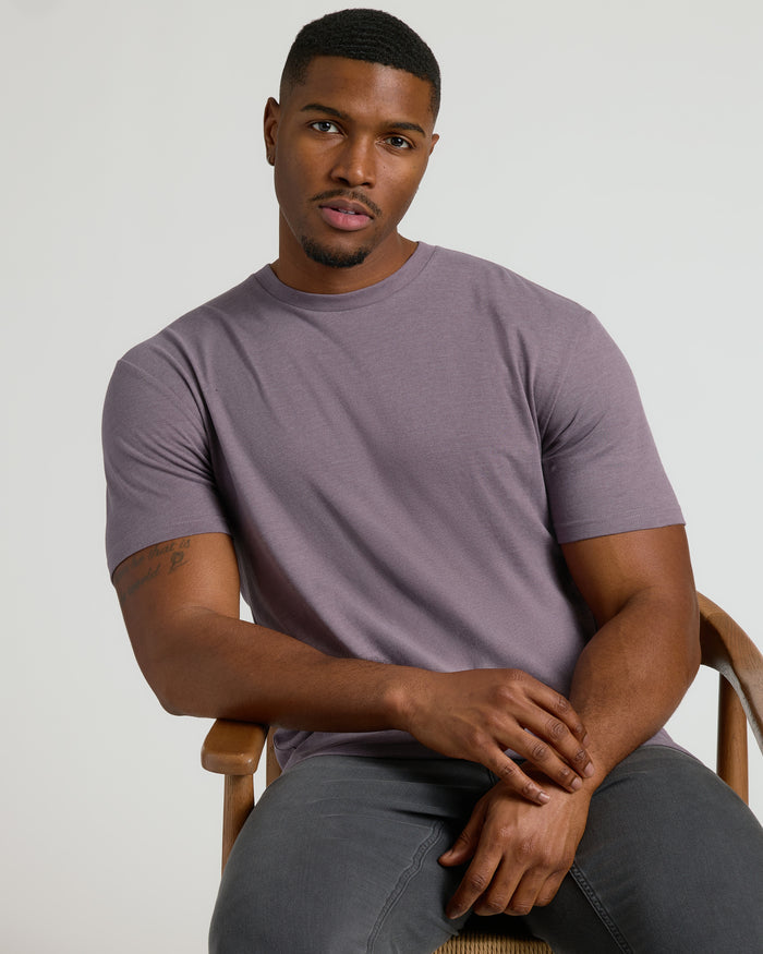 Young man in Dark Heather Amethyst Tall Straight Hem Crew Neck T-Shirt.