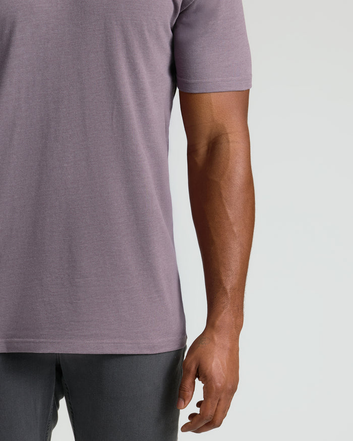 Dark Heather Amethyst Tall Straight Hem Crew Neck T-Shirt worn with dark pants.