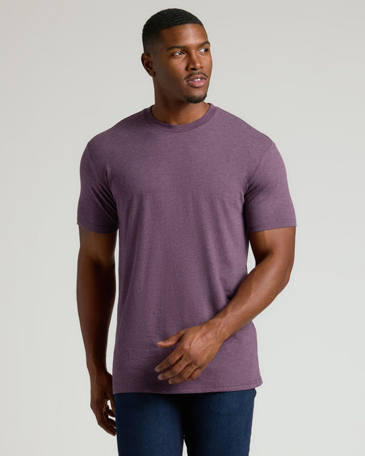 Man in Dark Heather Plum Tall Straight Hem Crew Neck T-Shirt.