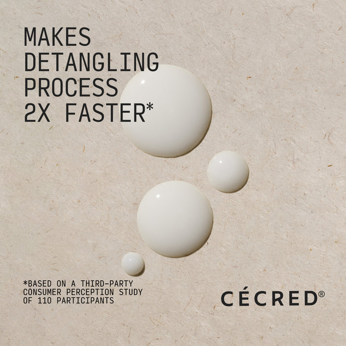 Cécred product with droplets on a beige background and text about faster detangling process. Makes detangling process 2x faster.