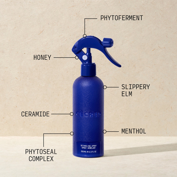 Blue spray bottle with trigger nozzle labeled with key ingredients: phytoferment, honey, slippery elm, ceramide, menthol, and