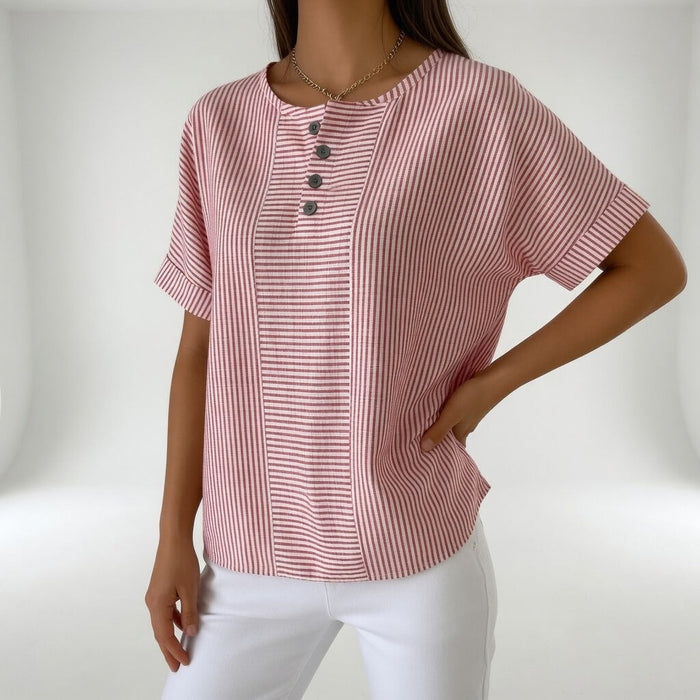 Dovinia - Blouse femme lin rayée manches courtes fluide été casual