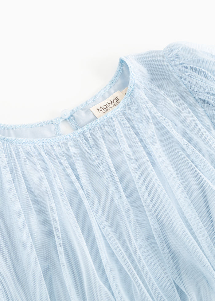 Fairy dress in light blue tulle with a ruffled neckline and Marmar label on the inside.