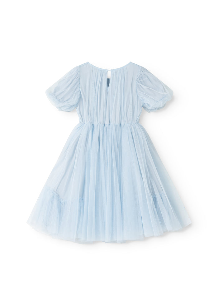 Fairy dress in light blue tulle with round neck and short puff sleeves, wide hem.