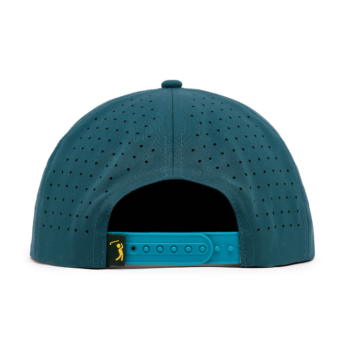 The Dumpster Fire - Unstructured Flat Bill Hat - Snapback is a teal cap with small ventilation holes, a flat brim, and a yellow tag showing a golfer silhouette. It's displayed from the back on a plain white background.