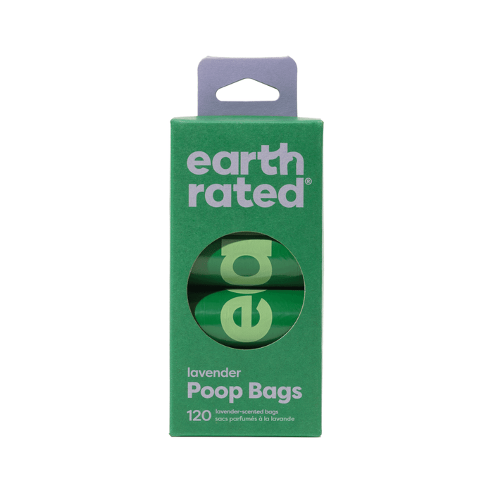 White background with Earth Rated poop bags in green cardboard packaging. On the packaging is text 'Lavender Poop Bags, 120'