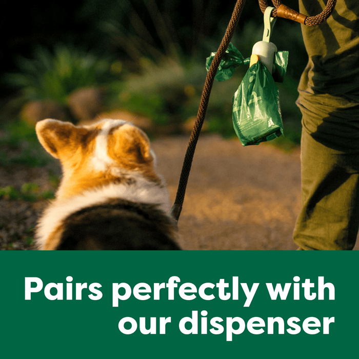 Picture of a corgi on a lead with a Earth Rated Poop Bag dispenser with a poo bag attached to the lead. Text below states 'Pairs perfectly with our dispenser'.