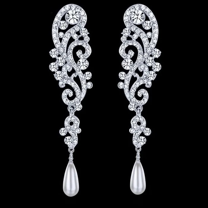 Wedding Jewelry - Silver Pearl and Crystal Bridal Earrings 'Eileen'