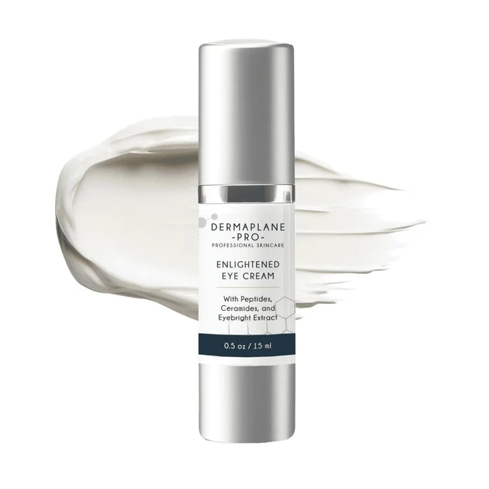Enlightened Eye Cream | DermaplanePro bottle in silver packaging with smooth cream texture background, showcasing skincare product for revitalizing the eye area.