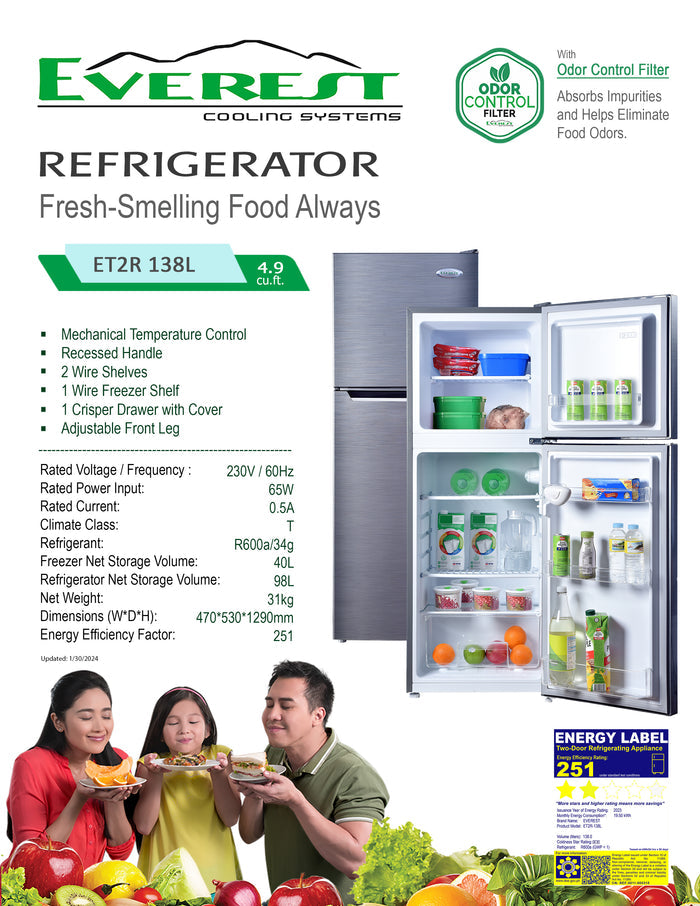 EVEREST 4.9 cu.ft. Two-door Refrigerator | mechanical temperature control | recessed handle | adjustable front leg|4.23ft. | 31kg.|ET2R-138L
