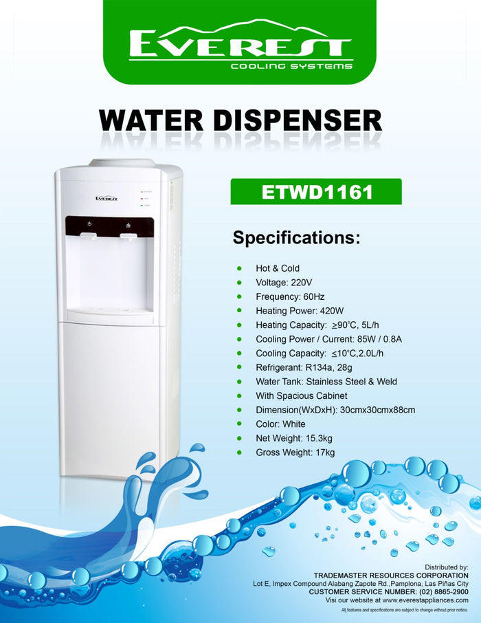 EVEREST Top Load Water Dispenser | hot & cold | water tank: stainless steel weld with  spacious cabinet|color: white|Dimension (WxDxH):30cmx30cmx88cm|17kg|ETWD1161