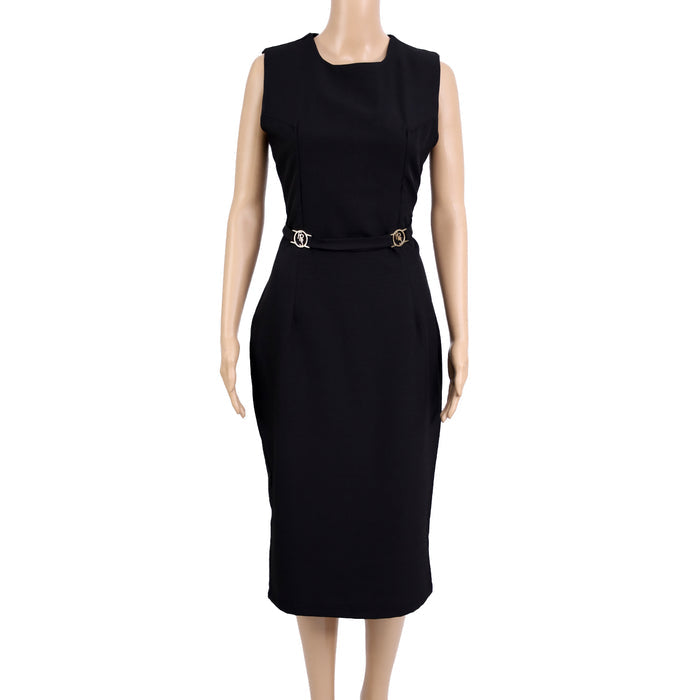 black office midi dress, sleeveless fitted dress for women, FabroSanz formal wear, gold buckle waist dress, elegant business dress South Africa, timeless power dress, classic women’s workwear, black sheath dress