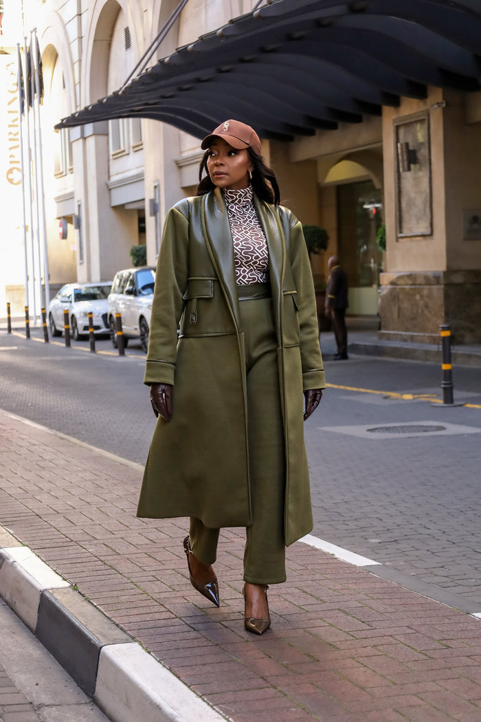 Fabrosanz: Green Melton PU Leather Coat