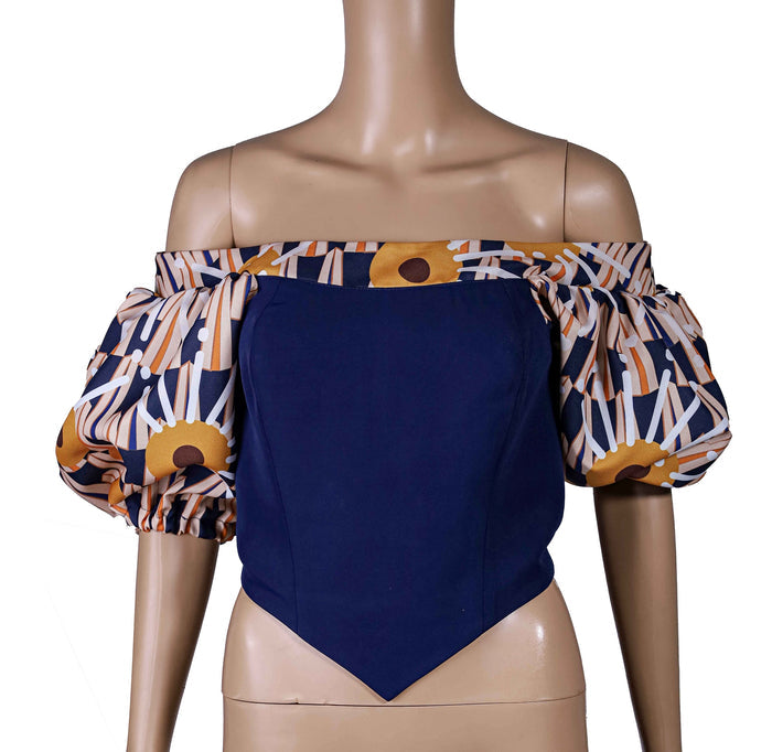 Fabrosanz: Navy Sunrise Print Off-the-shoulder Top