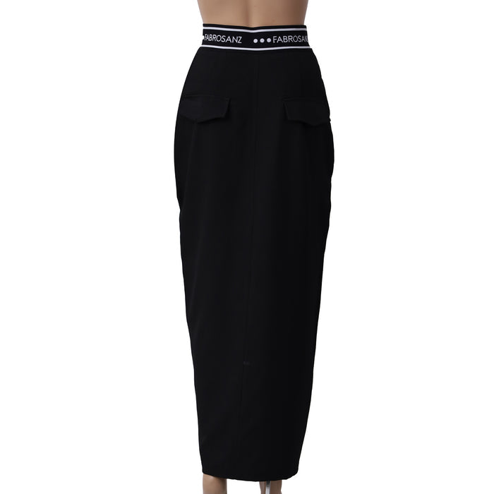 high-waisted pencil skirt, FabroSanz skirt, black branded waistband skirt, workwear meets streetwear, South African fashion, stylish midi skirts for women