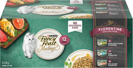 Fancy Feast Medleys Wet Cat Food, Florentine Collection Variety Pack 3 Flavours - 85 g Can (12 Pack)