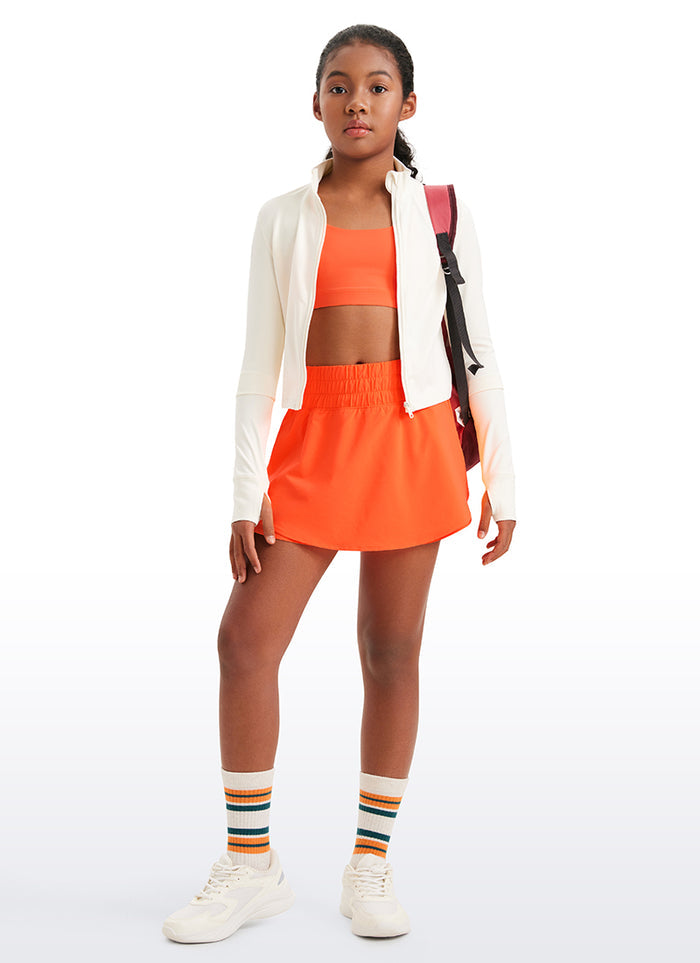CRZ YOGA Girl's Feathery-Fit Soft High Rise 2 in 1 Shorts Zip Pocket Neon Orange