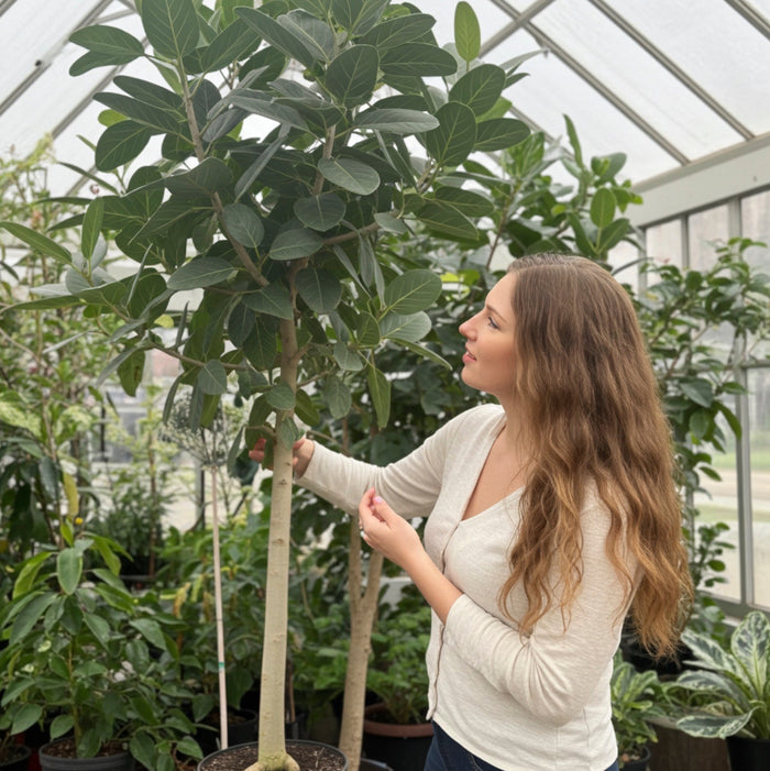 Ficus Audrey single tree form next to women