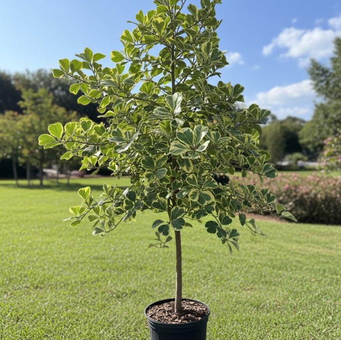 ficus triangularis potted tree with variegated leaves on a grassy lawn with a blue sky