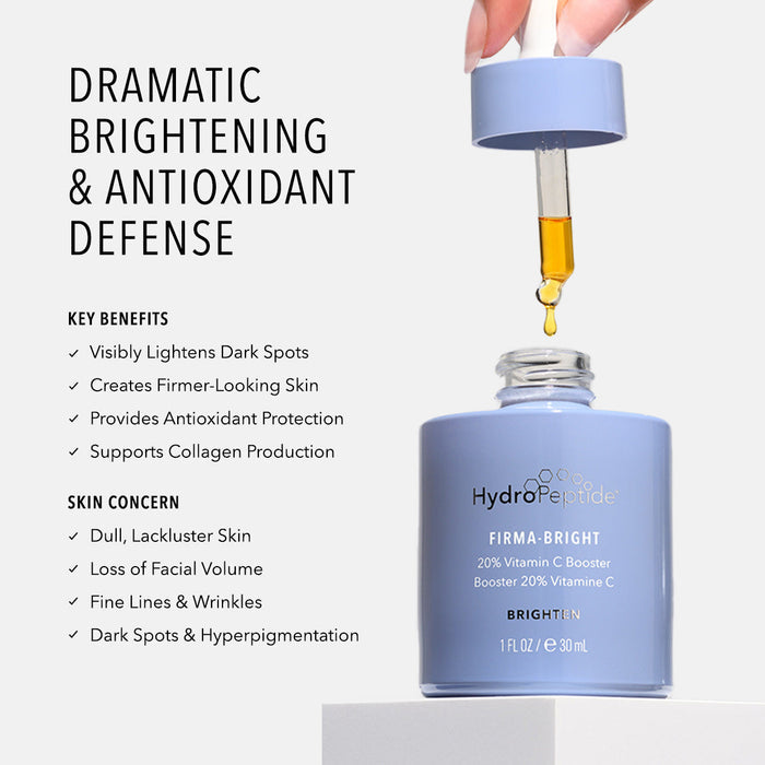Bottle of Firma-Bright | HydroPeptide serum with dropper releasing golden liquid, highlighting its benefits for brightening, antioxidant defense, and improving skin firmness.