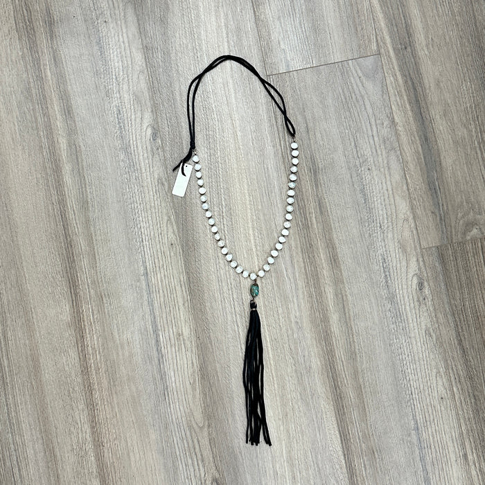 Freshwater Pearl, Turquoise & Leather Tassel Necklace
