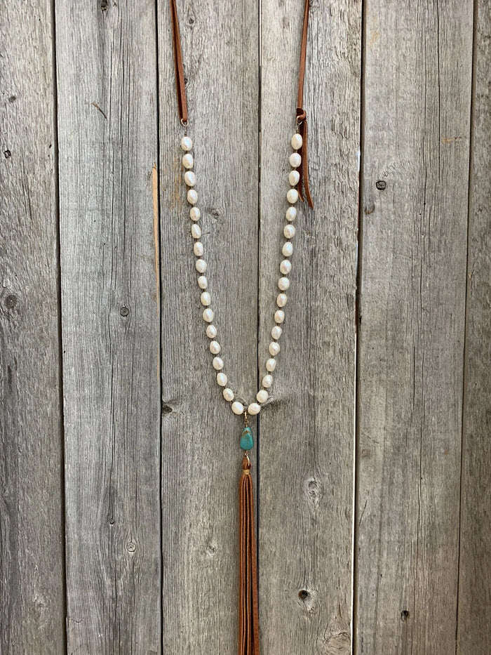 Freshwater Pearl, Turquoise & Leather Tassel Necklace