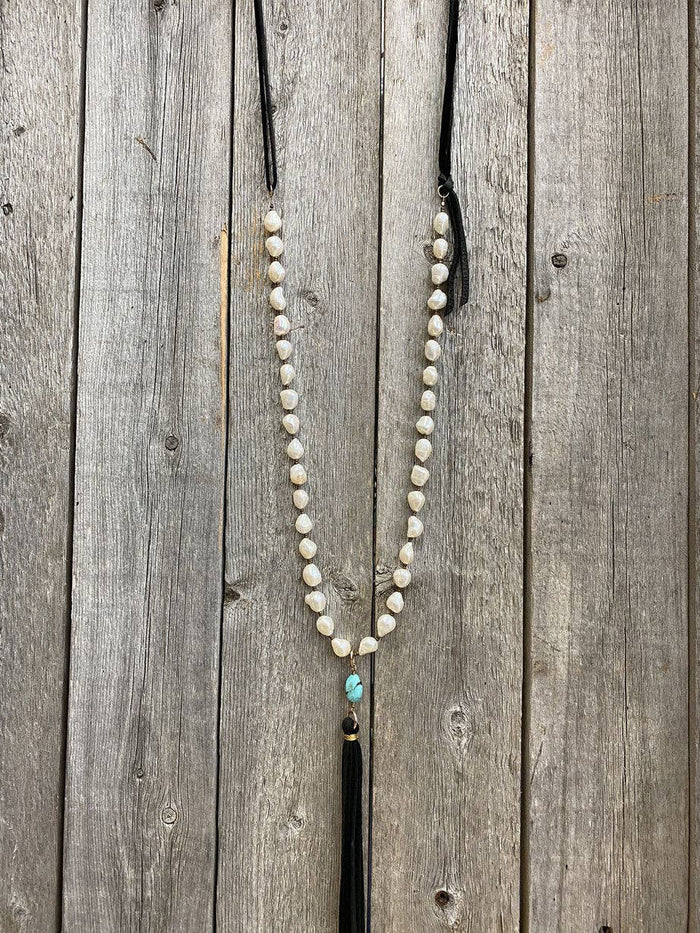 Freshwater Pearl, Turquoise & Leather Tassel Necklace
