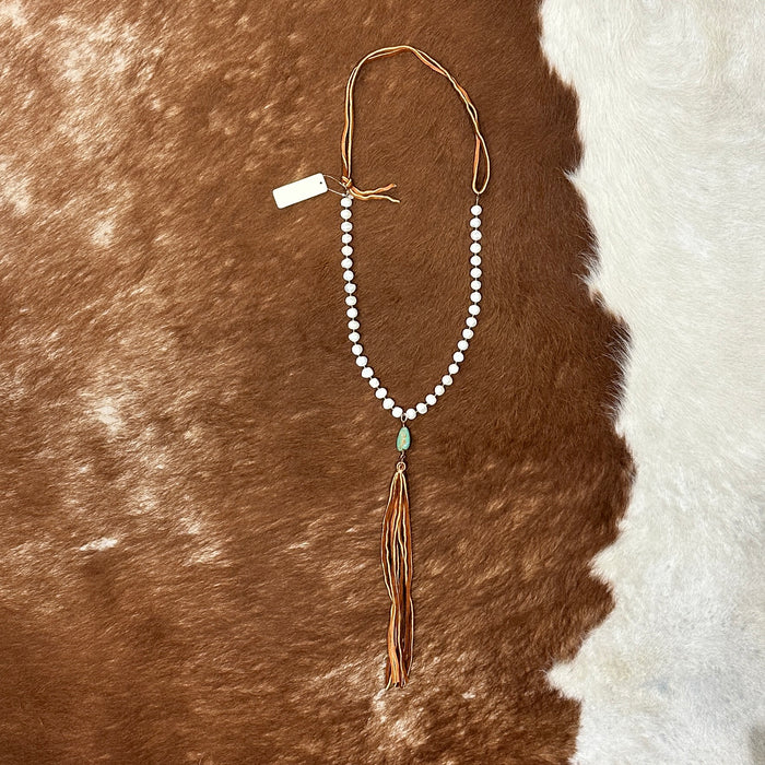 Freshwater Pearl, Turquoise & Leather Tassel Necklace